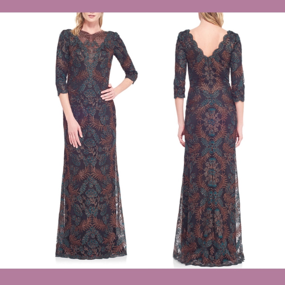 NEW $588 Tadashi‎ Shoji Zuri Embroidered Gown in Black/Deep Leaf [SZ 4 ]
